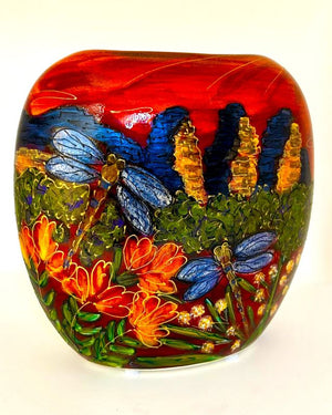 Anita Harris Art Pottery The Three Sisters and The Giant Dragonfly - Blue Mountains of Sydney Purse Vase - Medium