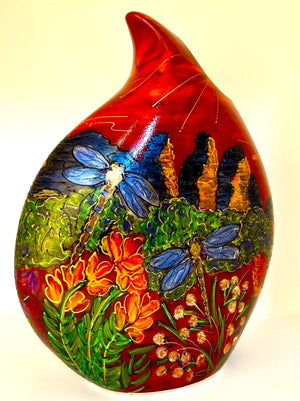 Anita Harris Art Pottery The Three Sisters and The Giant Dragonfly - Blue Mountains of Sydney Teardrop Vase - Large
