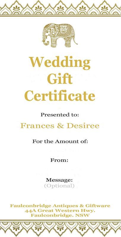Wedding Gift Certificate for Frances & Desiree