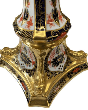 Royal Crown Derby Old Imari Solid Gold Band Dolphin Candlestick - Large
