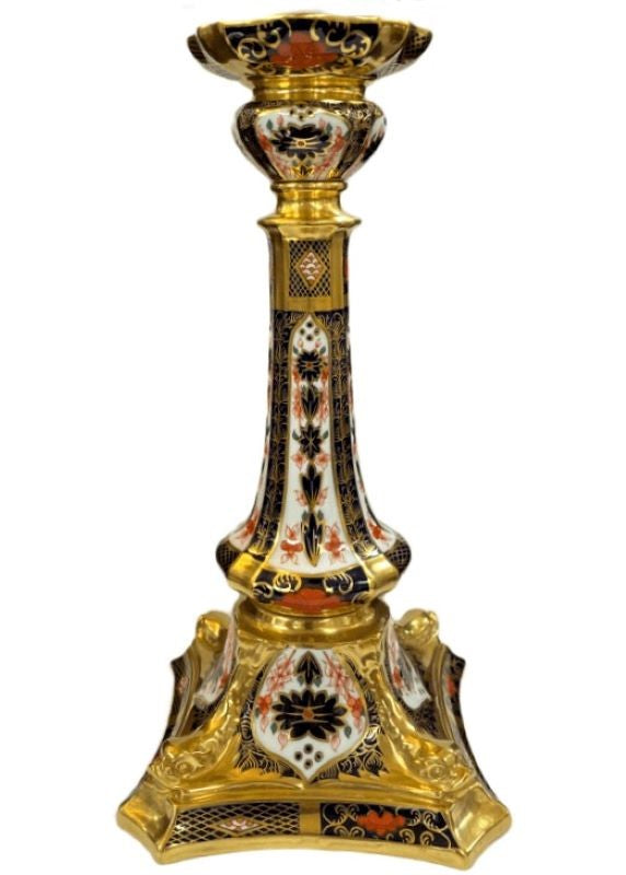Royal Crown Derby Old Imari Solid Gold Band Dolphin Candlestick - Large