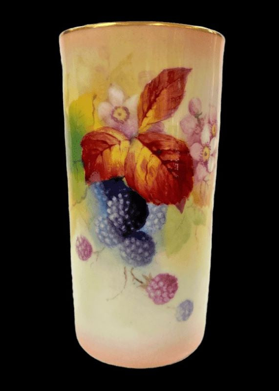 Royal Worcester Blackberries Cylinder Vase - Signed T. Bishop