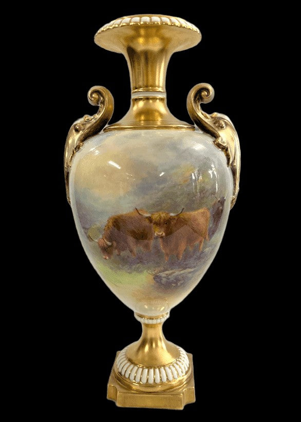 Royal Worcester Highland Cattle Vase - Signed H. Stinton